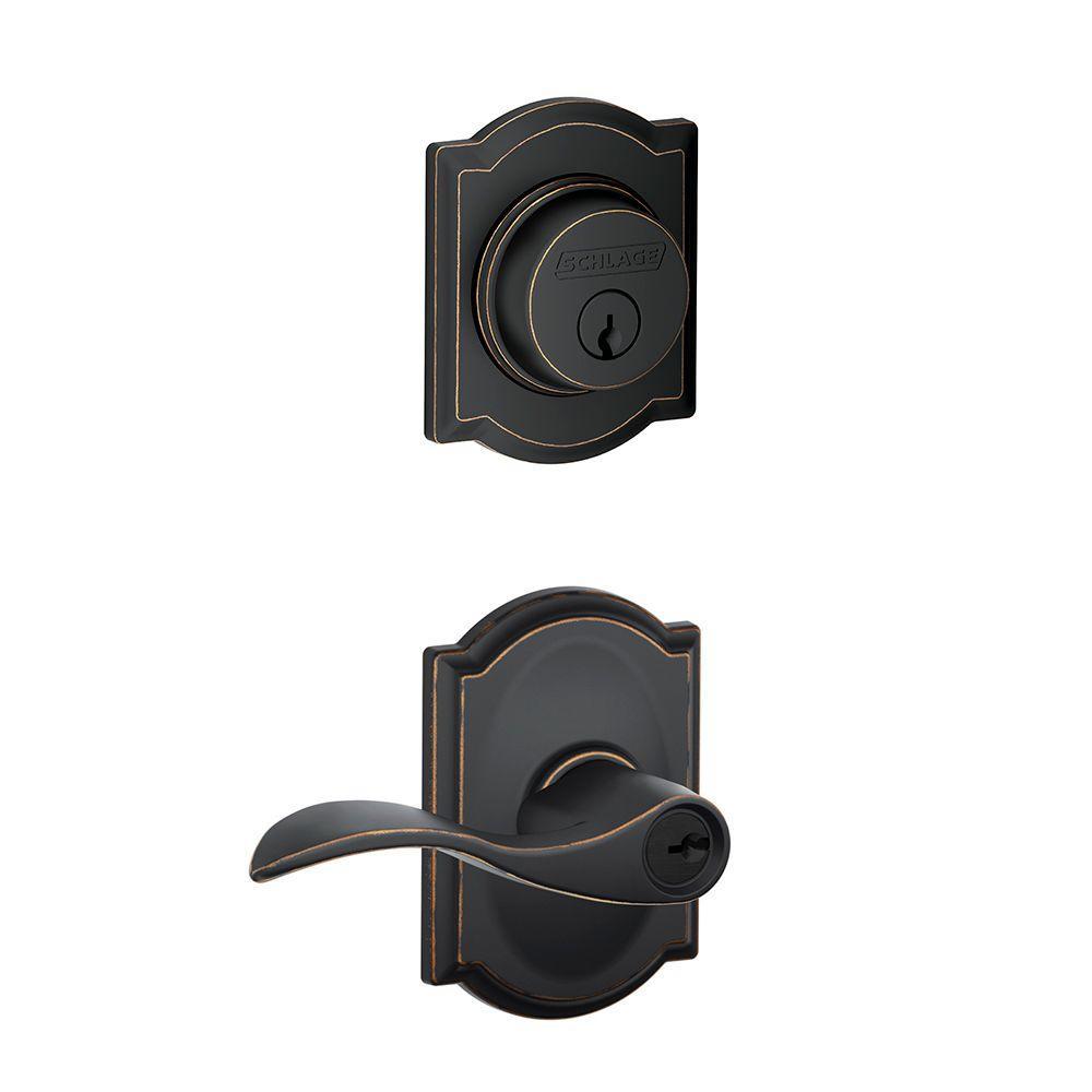 Camelot Aged Bronze Single Cylinder Deadbolt with Accent Entry Door Lever Combo Pack