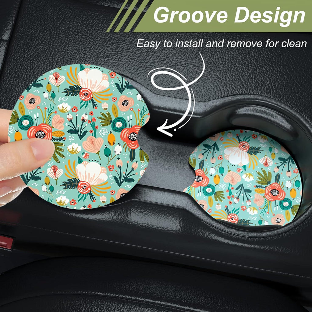 Nipichsha Car Cup Holder Coasters, Car Coasters for Cup Holders, 2 Pack Anti Slip Insert Coasters, Rubber Car Cup Mat with A Finger Notch, Cute Car Interior Accessories for Women Men(Green Flower)