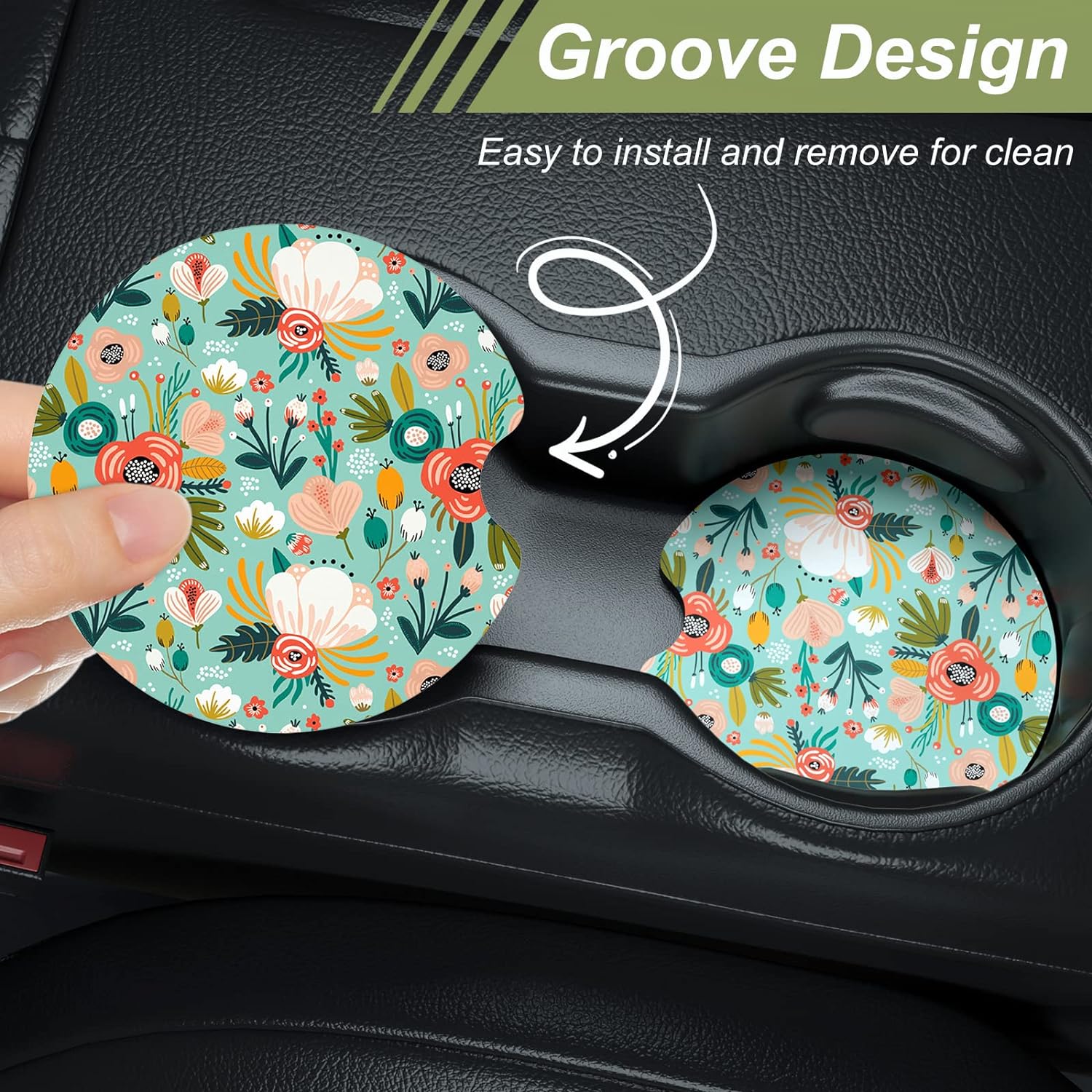 Nipichsha Car Cup Holder Coasters, Car Coasters for Cup Holders, 2 Pack Anti Slip Insert Coasters, Rubber Car Cup Mat with A Finger Notch, Cute Car Interior Accessories for Women Men(Green Flower)