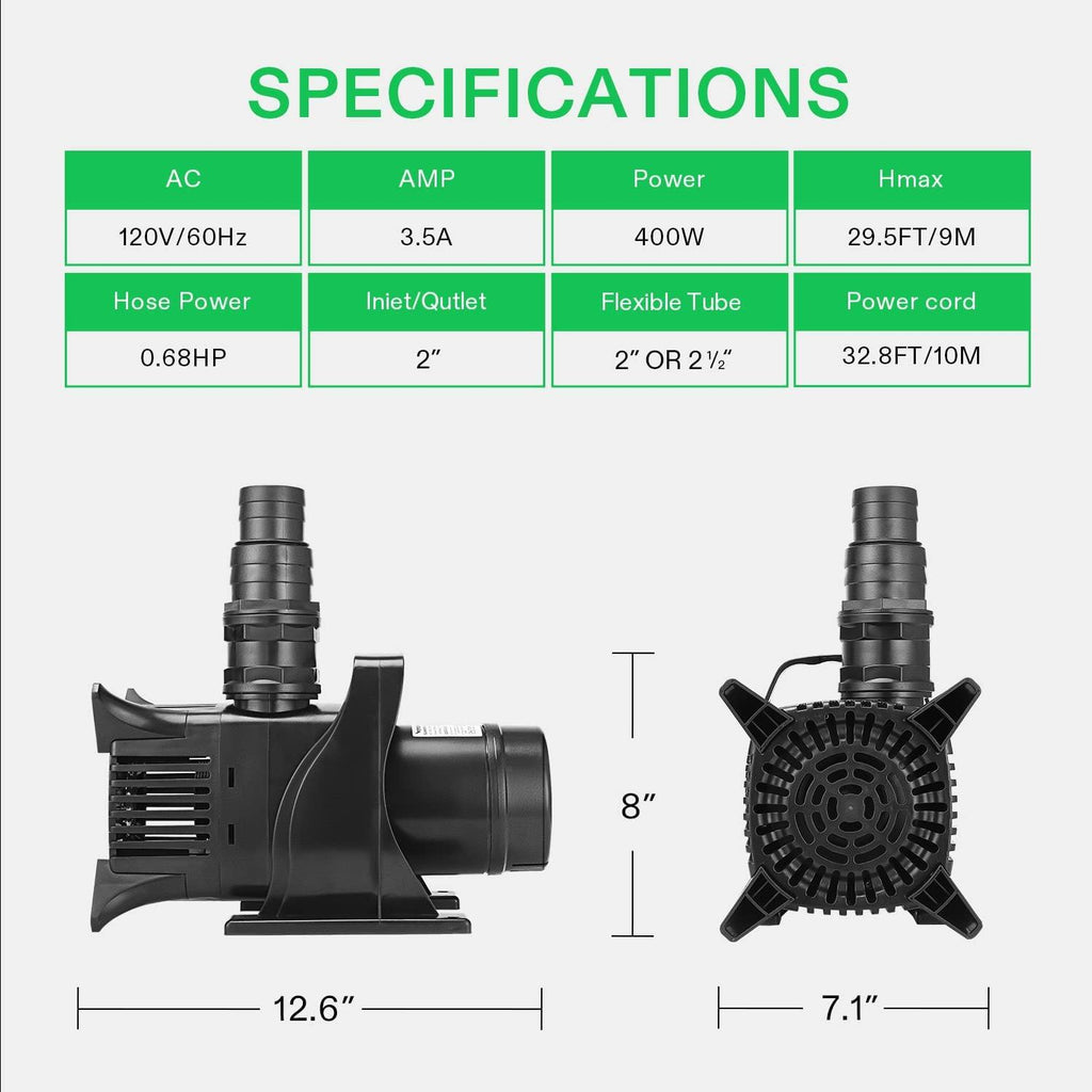 VIVOSUN 5284 GPH Submersible Water Pump, 400W Pond Pump, Ultra Quiet Aquarium Pump with 29.5FT Lift Height for Pond, Waterfall, Fish Tank, Statuary, Hydroponic