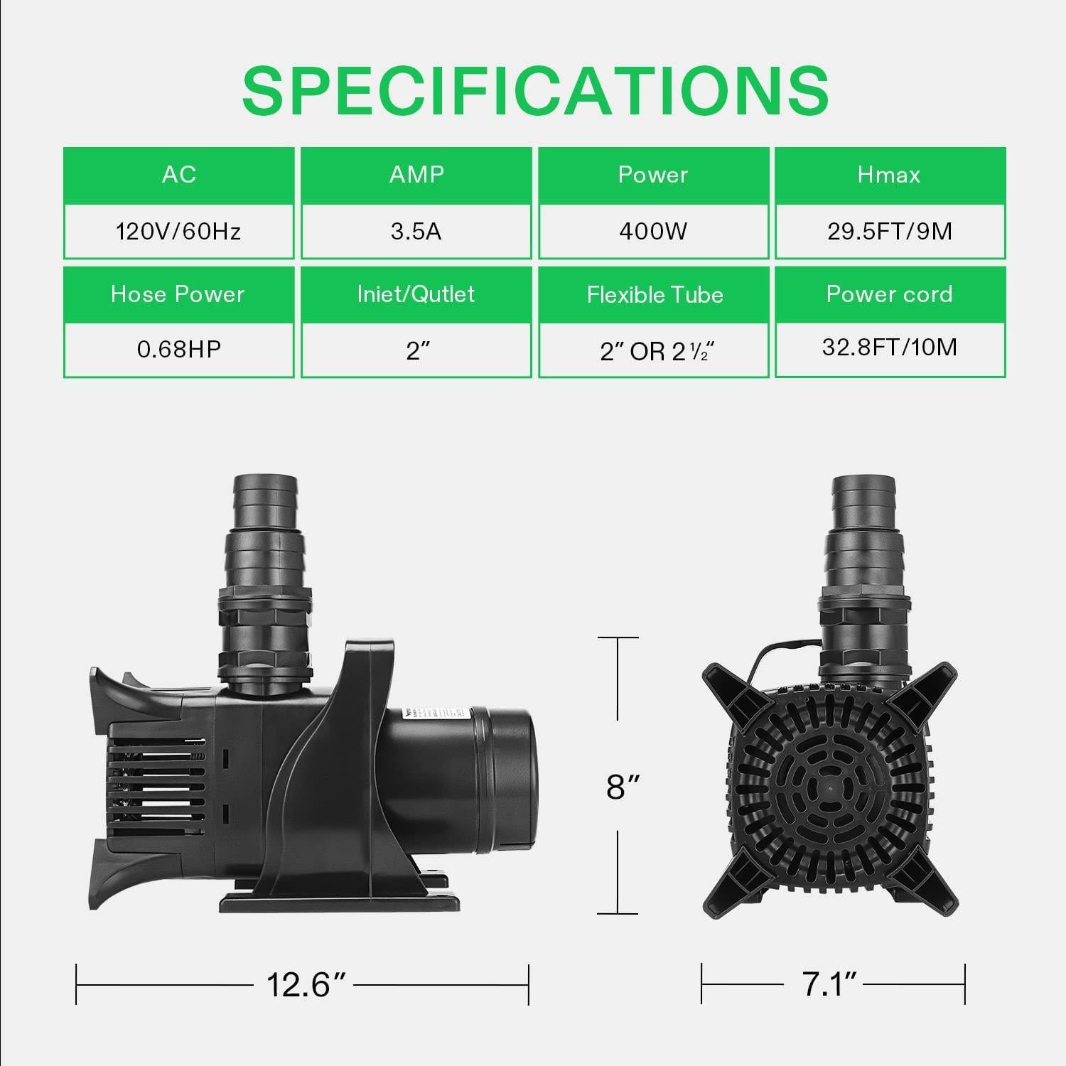 VIVOSUN 5284 GPH Submersible Water Pump, 400W Pond Pump, Ultra Quiet Aquarium Pump with 29.5FT Lift Height for Pond, Waterfall, Fish Tank, Statuary, Hydroponic