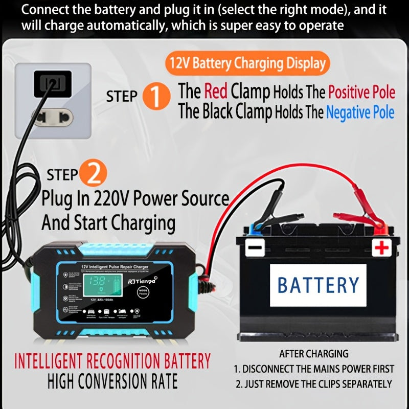 Full Car Motorcycle Battery Charger 12V 6A Auto Pulse Repair LCD Display Smart Fast CharAGM Deep Cycle GEL Lead-Acid Charger