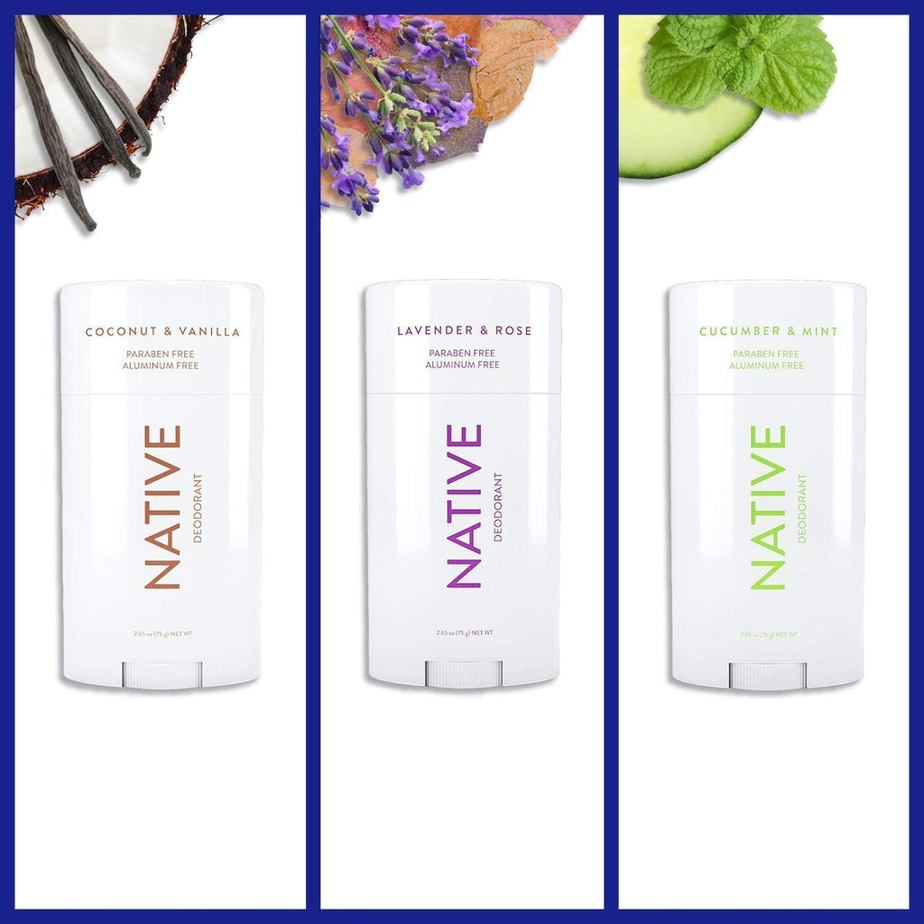 Native Deodorant | Natural Deodorant for Women and Men, Aluminum Free with Baking Soda, Probiotics, Coconut Oil and Shea Butter | Coconut &amp; Vanilla, Lavender &amp; Rose, Cucumber &amp; Mint - Variety Pack of 3
