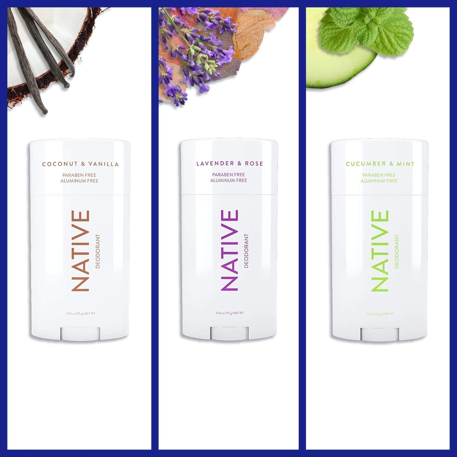 Native Deodorant | Natural Deodorant for Women and Men, Aluminum Free with Baking Soda, Probiotics, Coconut Oil and Shea Butter | Coconut &amp; Vanilla, Lavender &amp; Rose, Cucumber &amp; Mint - Variety Pack of 3
