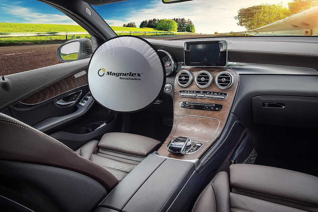 Magnelex Car Windshield Sunshade with Bonus Steering Wheel Cover Sun Shade. Reflective Polyester Blocks Heat and Sun. Foldable Sun Shield That Keeps Your Vehicle Cool (Large 63 x 33.8 in)