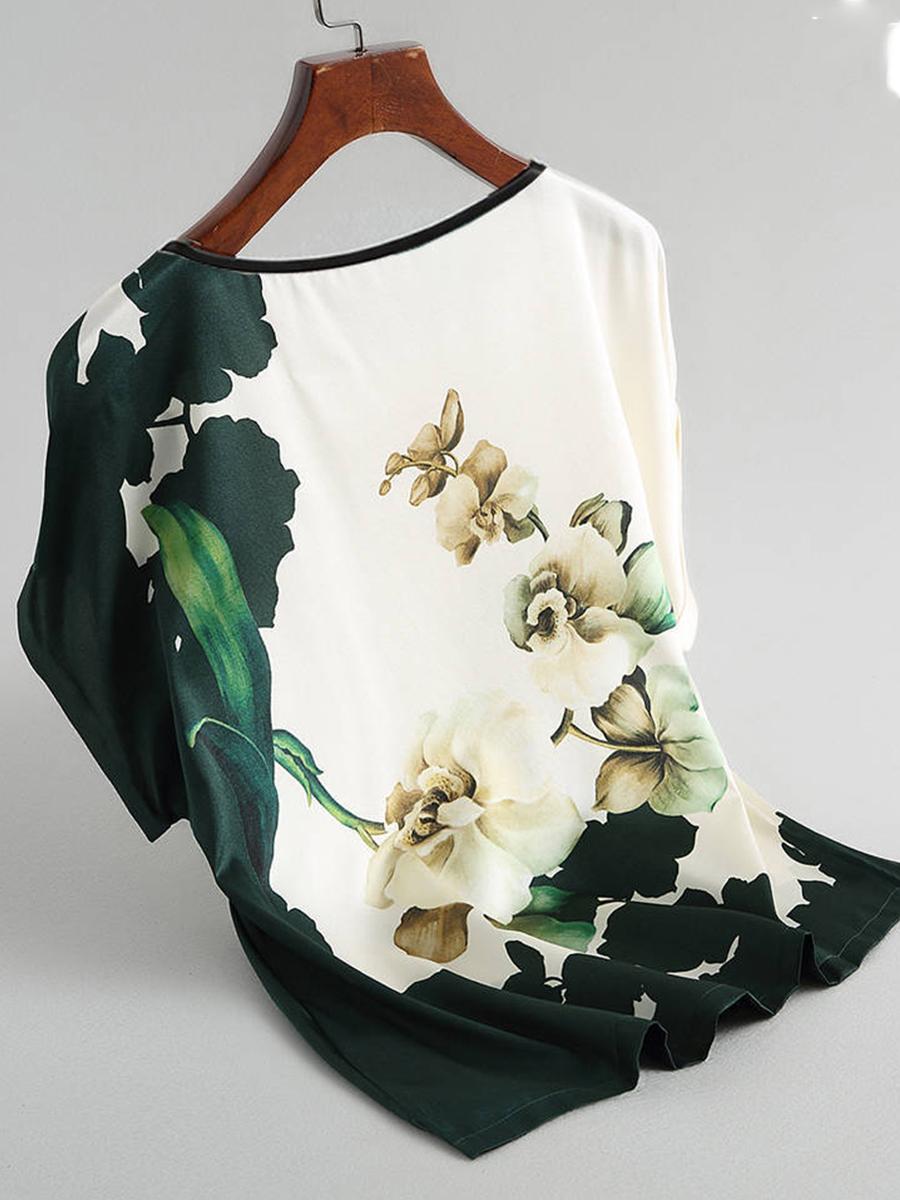 Crew Neck Ice Silk Print Bat Sleeve T-shirt