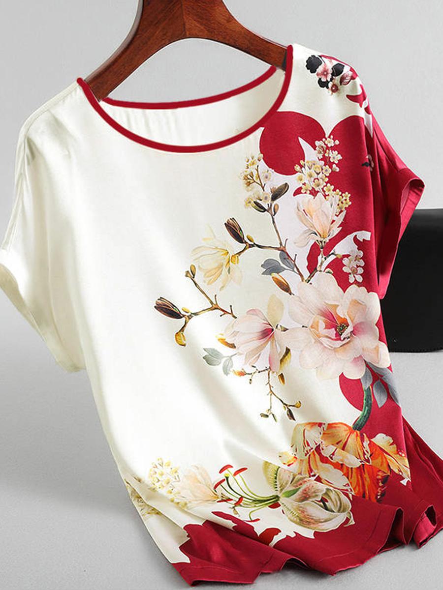 Crew Neck Ice Silk Print Bat Sleeve T-shirt
