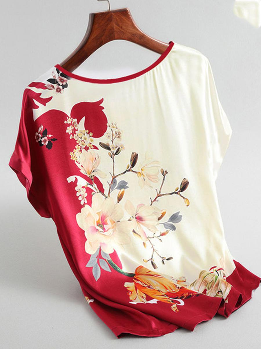 Crew Neck Ice Silk Print Bat Sleeve T-shirt