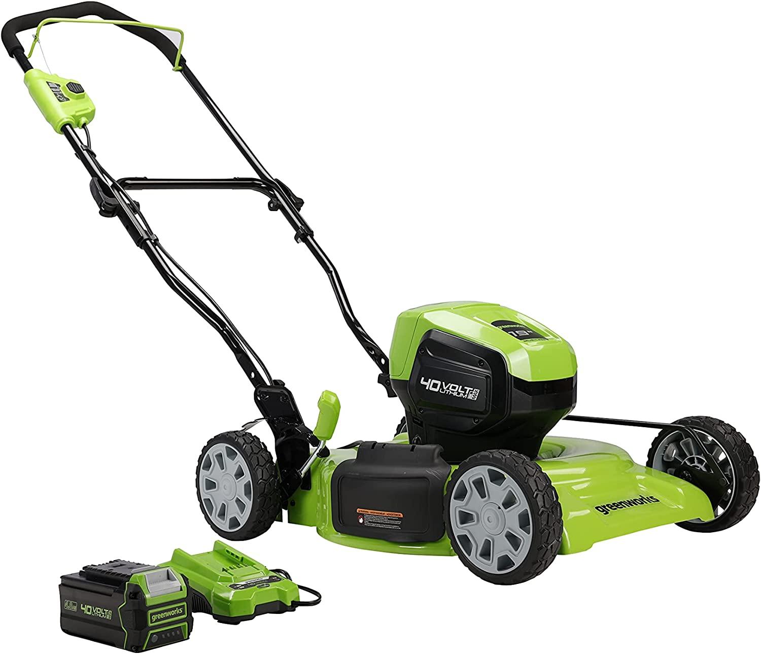 Greenworks 40V 19" Brushless (2-In-1) Lawn Mower, 4Ah USB (Power Bank) Battery and Charger Included MO40L414