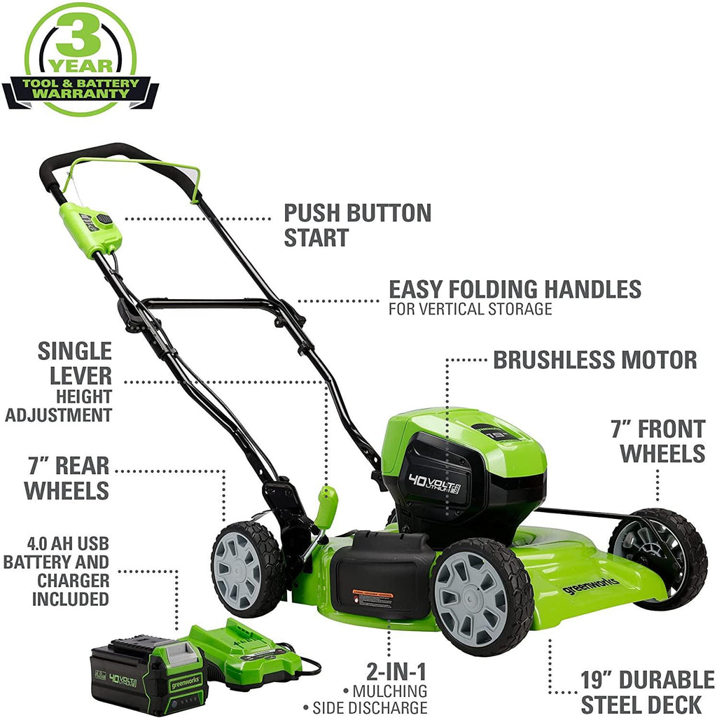 Greenworks 40V 19" Brushless (2-In-1) Lawn Mower, 4Ah USB (Power Bank) Battery and Charger Included MO40L414