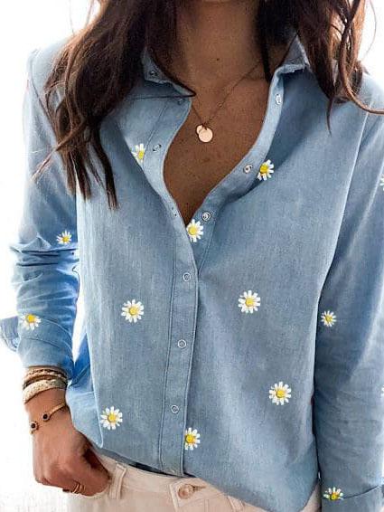 Little Daisy Print Lapel Long Sleeves Shirt