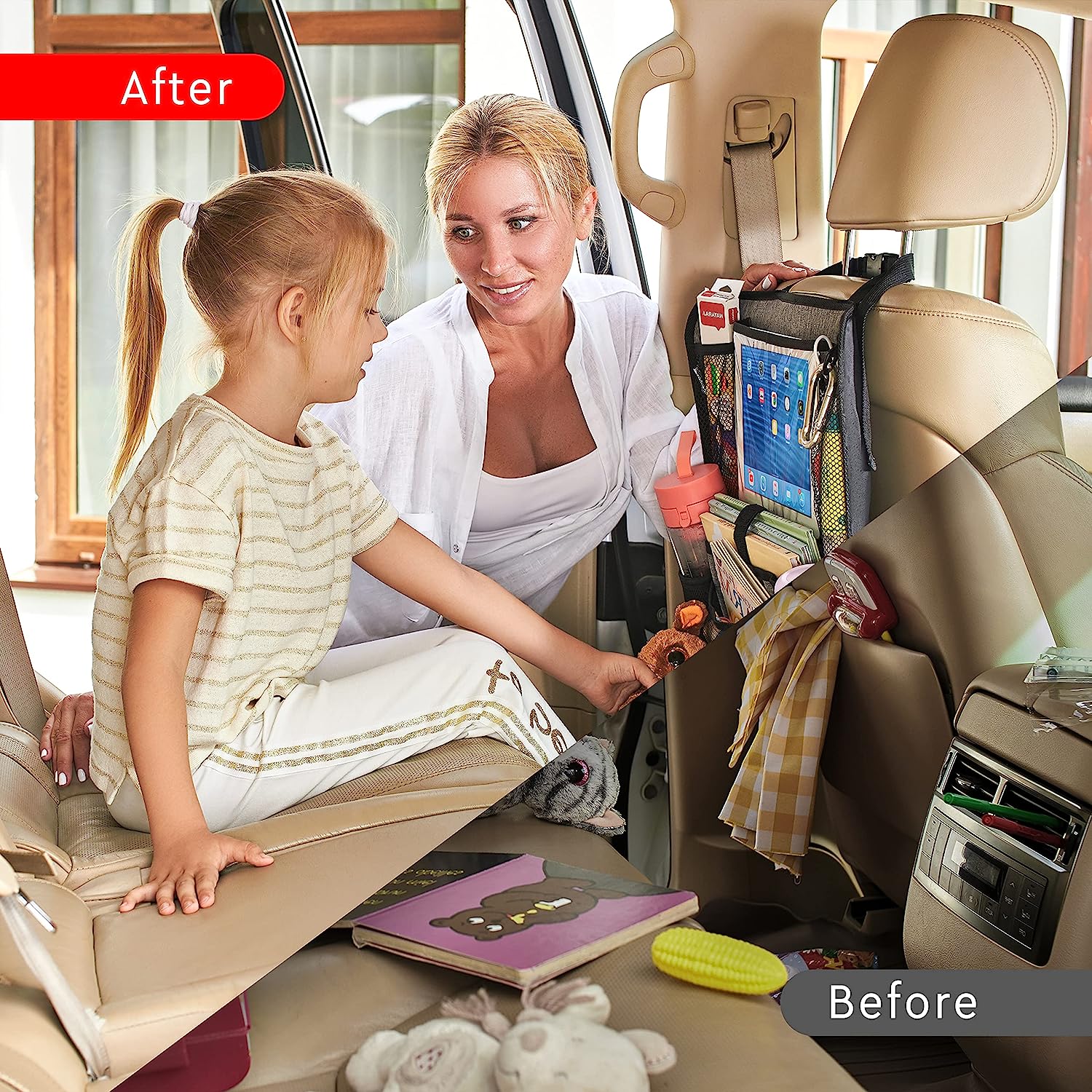 Helteko Backseat Car Organizer, Kick Mats Back Seat Protector with Touch Screen Tablet Holder, Car Back Seat Organizer for Kids, Car Travel Accessories, Kick Mat with 9 Storage Pockets 2 Pack, Gray