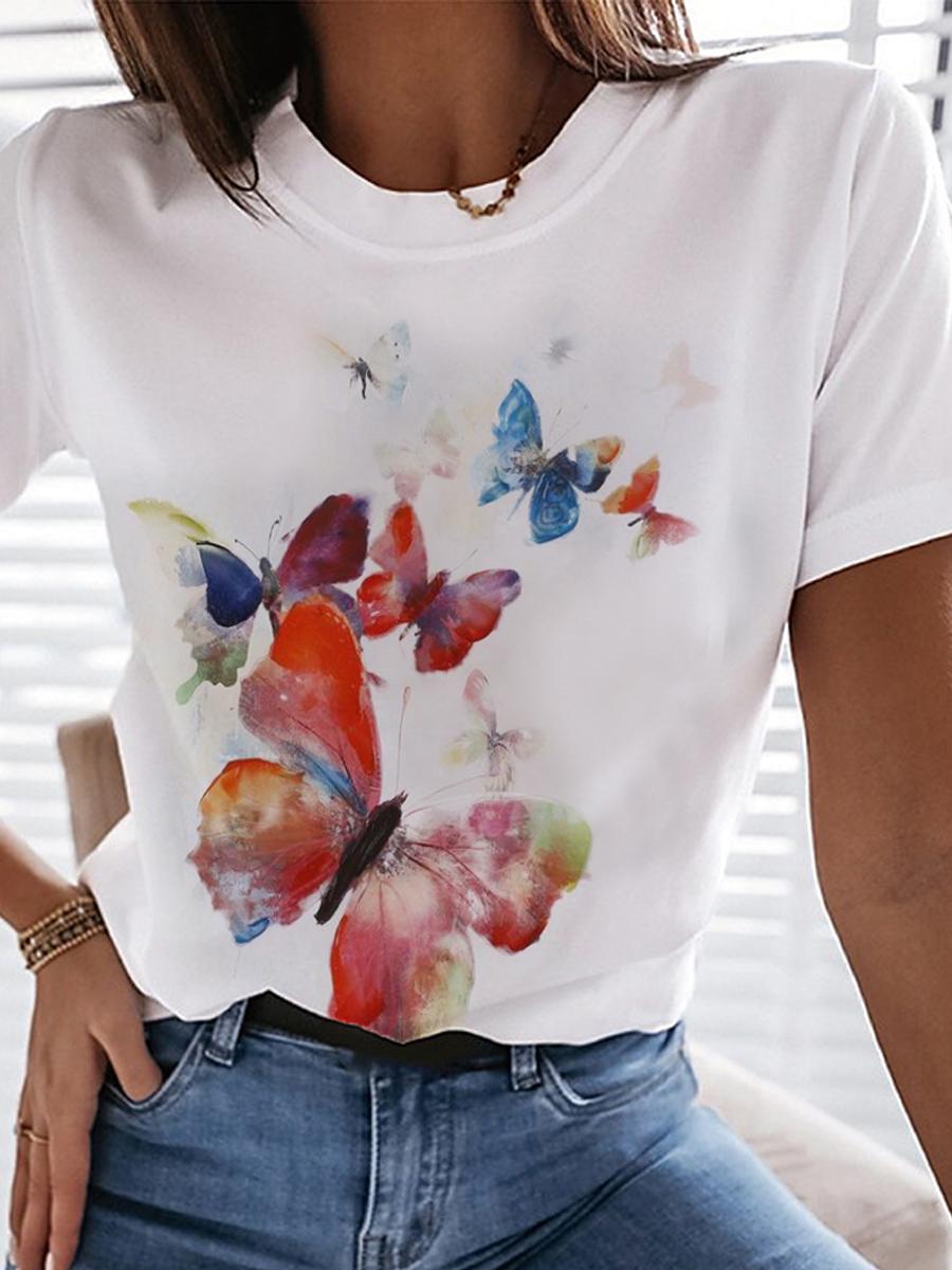 Casual Butterfly Print Short Sleeve T-shirt