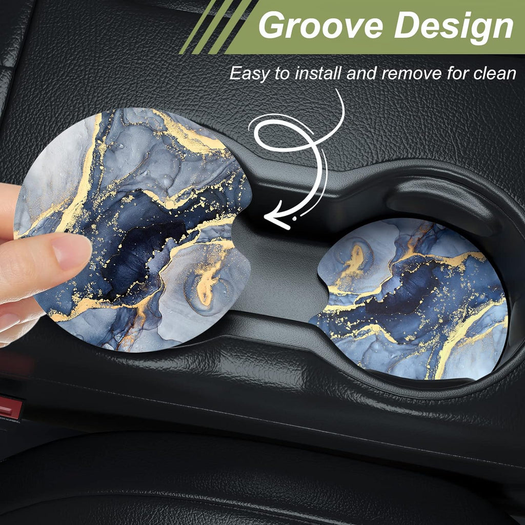 Nipichsha Car Cup Holder Coasters, Car Coasters for Cup Holders, 2 Pack Anti Slip Insert Coasters, Rubber Car Cup Mat with A Finger Notch, Cute Car Interior Accessories for Women Men(Dark Grey Marble)