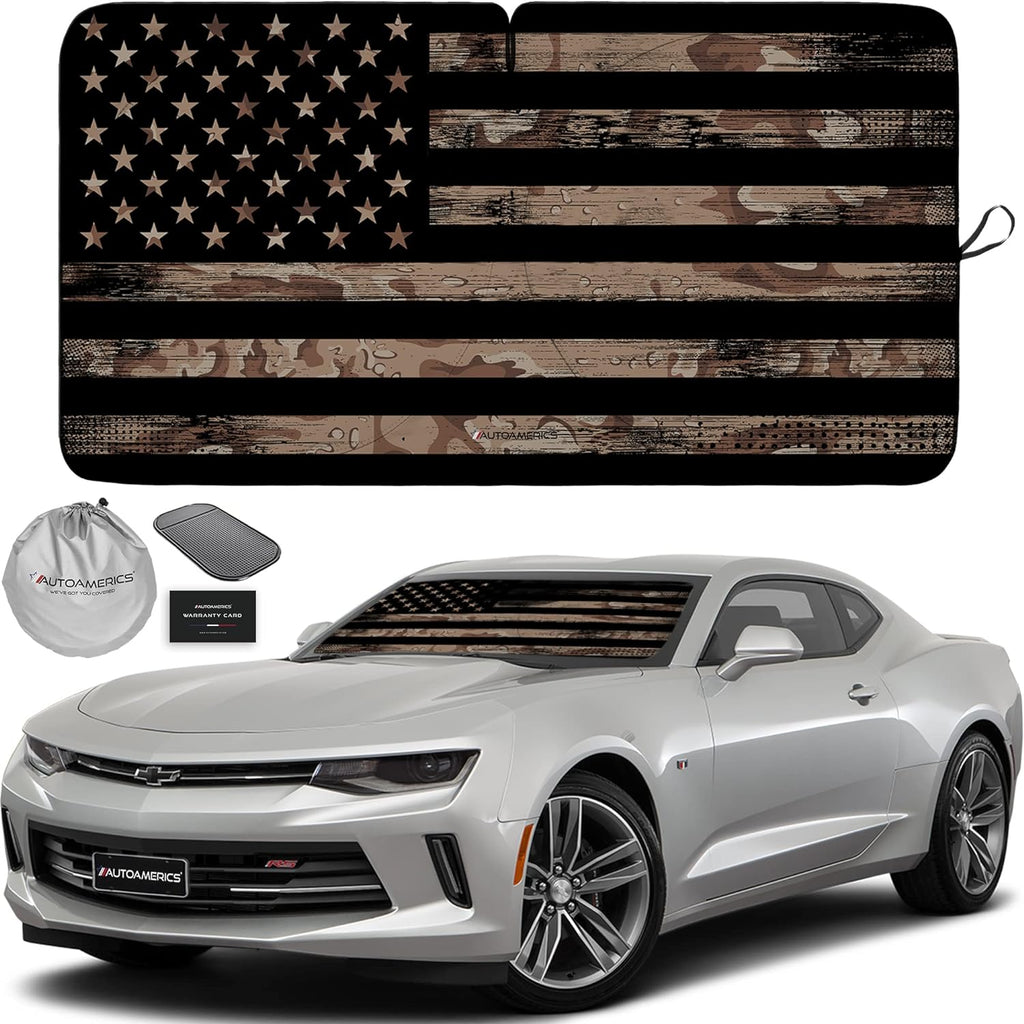 Autoamerics 1-Piece Windshield Sun Shade Brown Camo American Flag USA  - Foldable Car Front Window Sunshade for Most Sedans SUV Truck - Blocks Max UV Rays and Keeps Your Vehicle Cool - Small