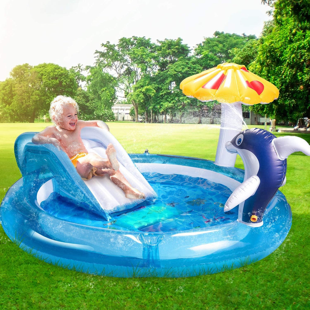 Kaome Inflatable Play Center for Kidsr Ages 2+, Baby Dolphin Sprinkler Pool, Swimming Sliding Play Pool, Outdoor Toys Kiddie for Boys Girls