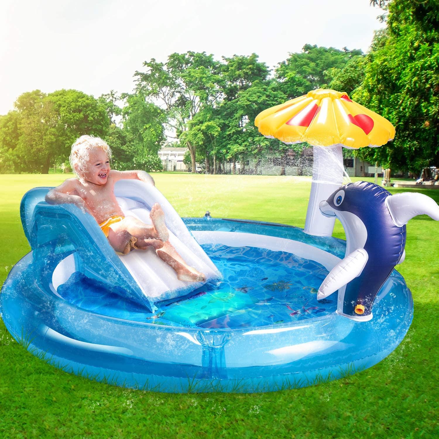 Kaome Inflatable Play Center for Kidsr Ages 2+, Baby Dolphin Sprinkler Pool, Swimming Sliding Play Pool, Outdoor Toys Kiddie for Boys Girls