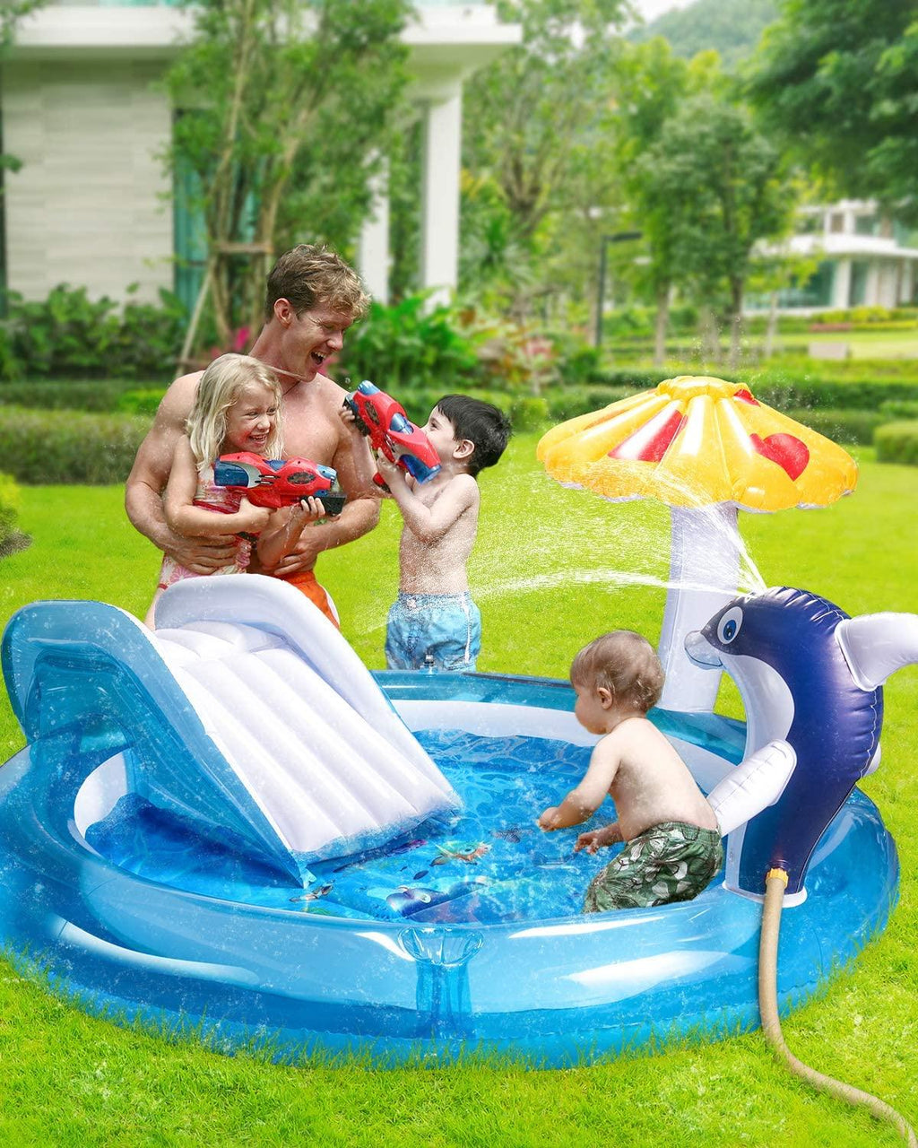 Kaome Inflatable Play Center for Kidsr Ages 2+, Baby Dolphin Sprinkler Pool, Swimming Sliding Play Pool, Outdoor Toys Kiddie for Boys Girls