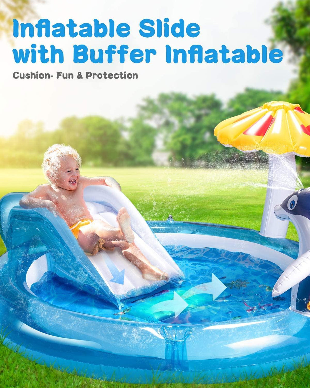Kaome Inflatable Play Center for Kidsr Ages 2+, Baby Dolphin Sprinkler Pool, Swimming Sliding Play Pool, Outdoor Toys Kiddie for Boys Girls