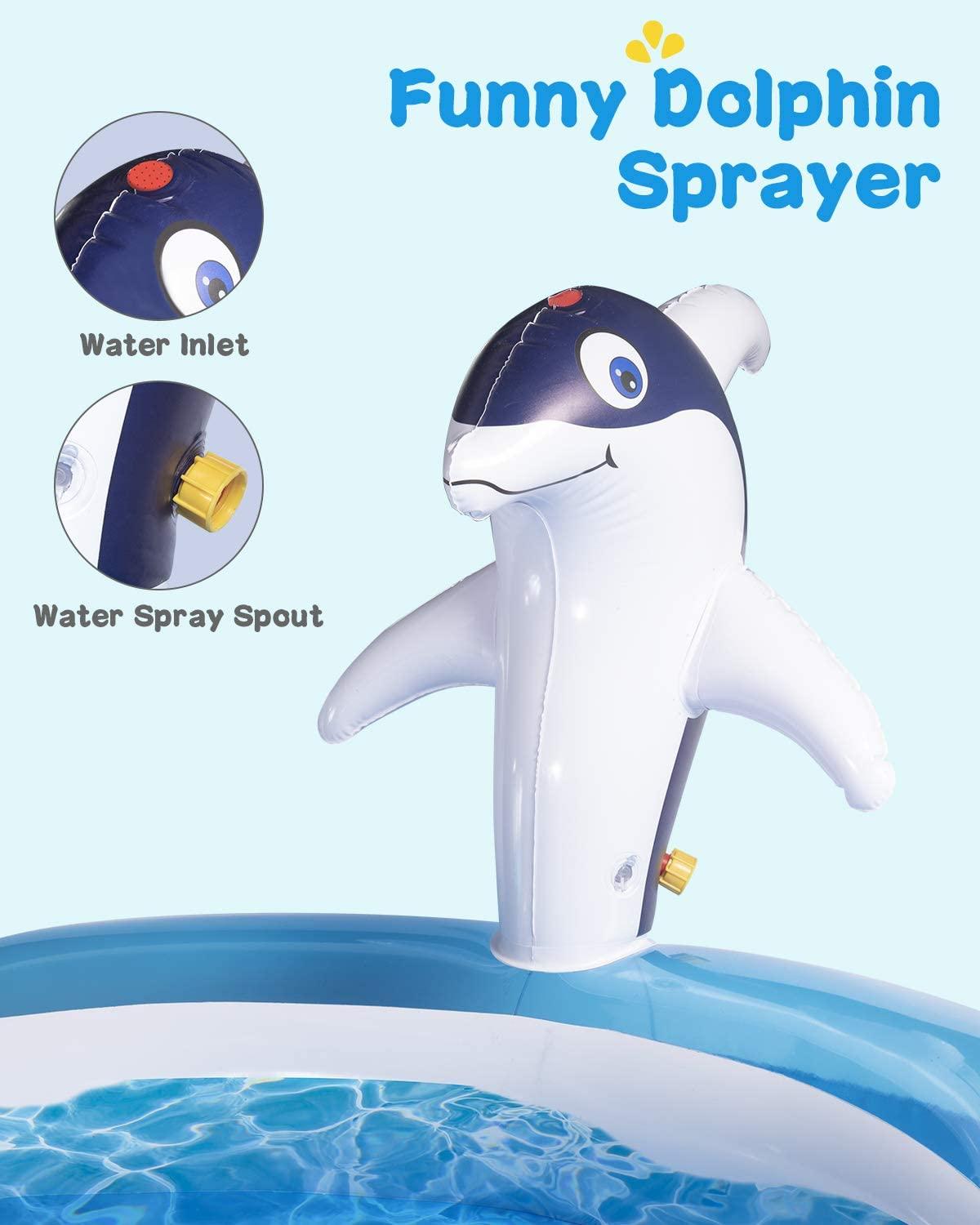 Kaome Inflatable Play Center for Kidsr Ages 2+, Baby Dolphin Sprinkler Pool, Swimming Sliding Play Pool, Outdoor Toys Kiddie for Boys Girls