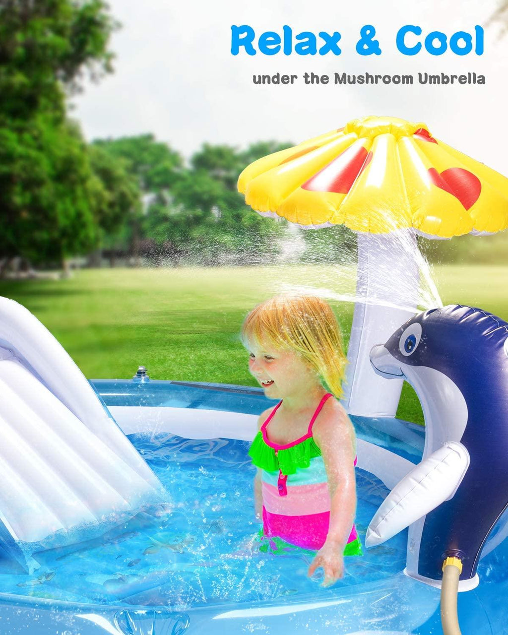 Kaome Inflatable Play Center for Kidsr Ages 2+, Baby Dolphin Sprinkler Pool, Swimming Sliding Play Pool, Outdoor Toys Kiddie for Boys Girls