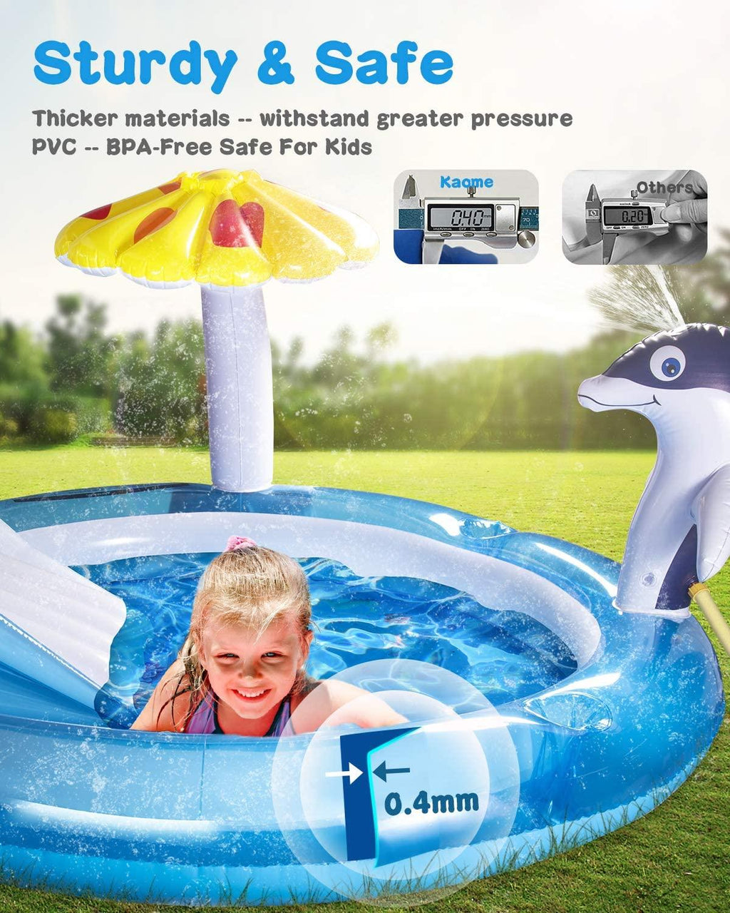 Kaome Inflatable Play Center for Kidsr Ages 2+, Baby Dolphin Sprinkler Pool, Swimming Sliding Play Pool, Outdoor Toys Kiddie for Boys Girls