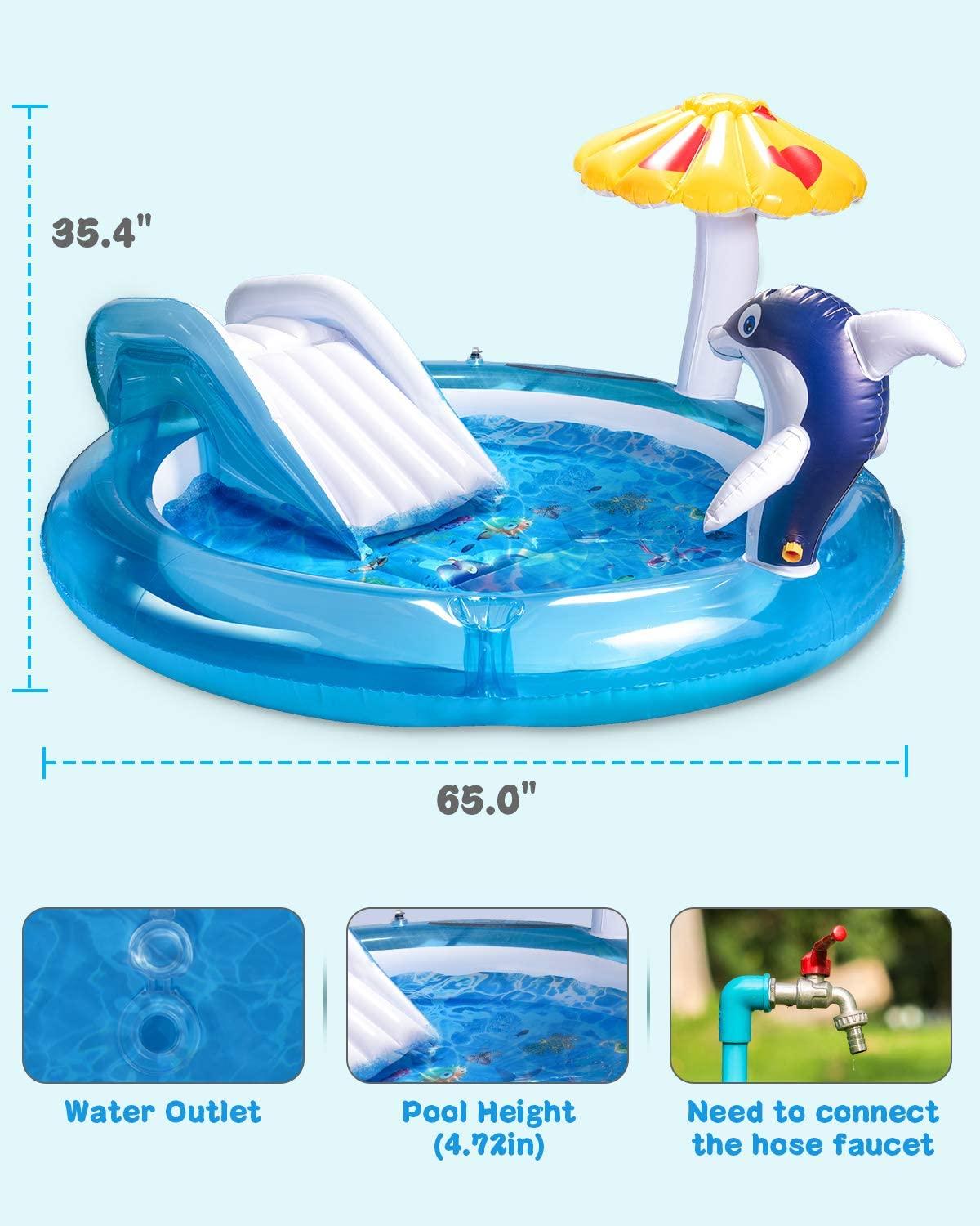 Kaome Inflatable Play Center for Kidsr Ages 2+, Baby Dolphin Sprinkler Pool, Swimming Sliding Play Pool, Outdoor Toys Kiddie for Boys Girls