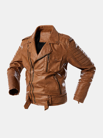 mens vintage zipper up button designer belted pocket leather jackets