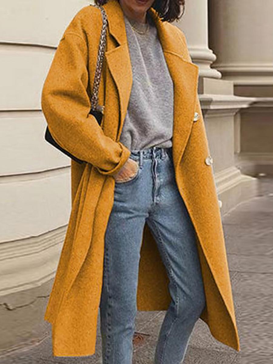 Solid Color Woolen Double-breasted Coat