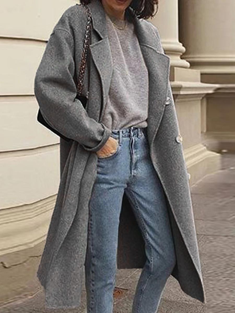 Solid Color Woolen Double-breasted Coat