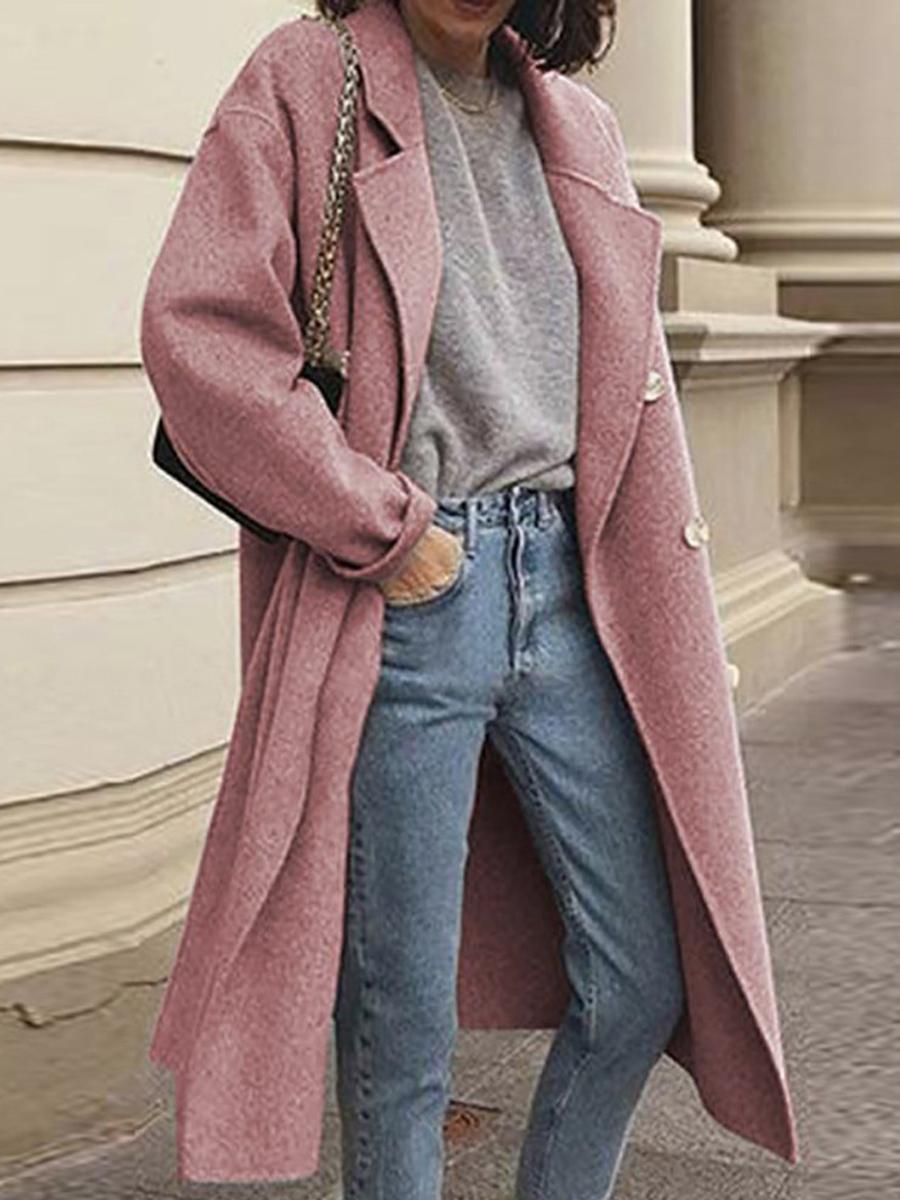 Solid Color Woolen Double-breasted Coat