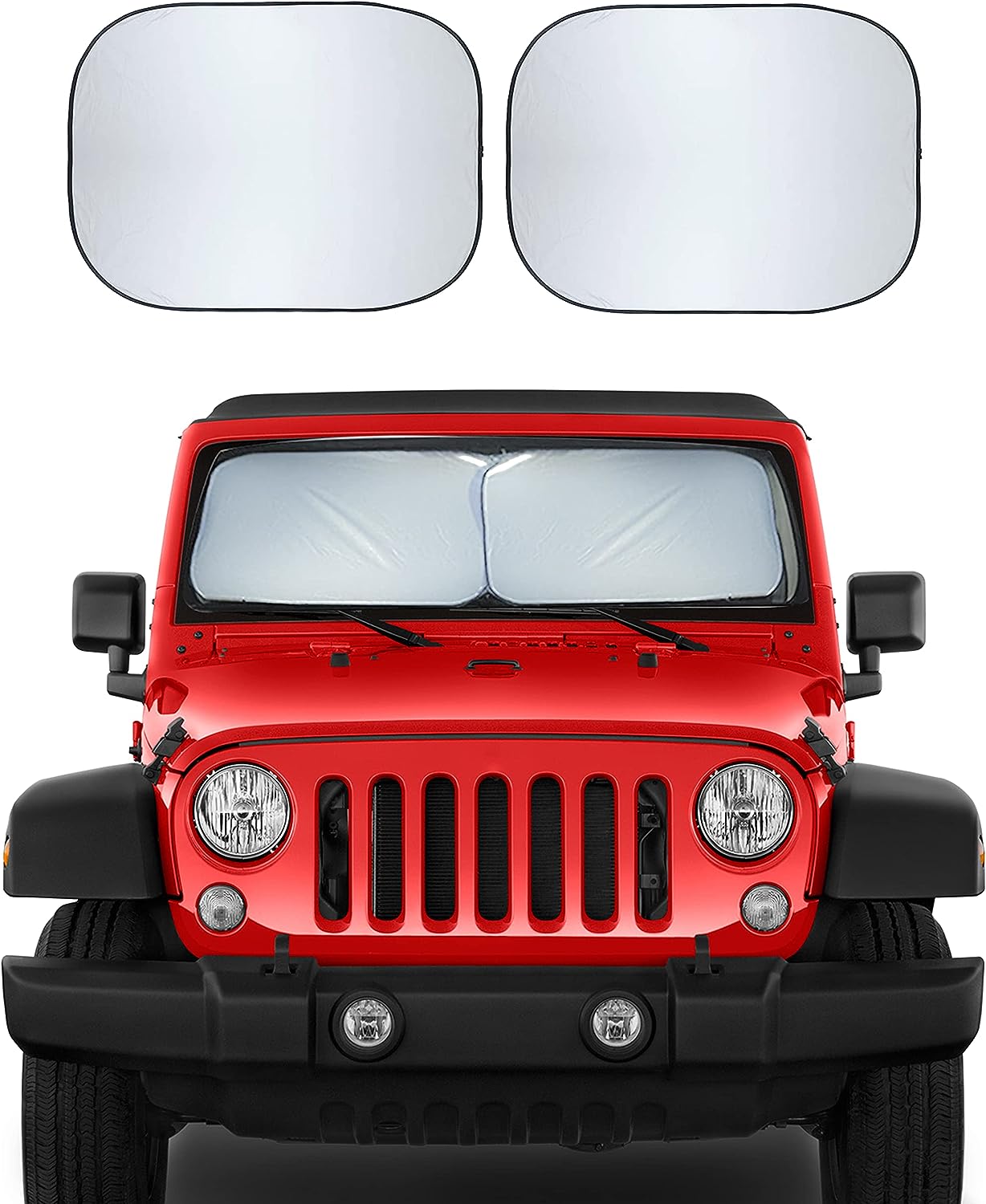 EcoNour 2-Piece Windshield Sun Shade for Jeep, Offers Complete Automotive Sun Protection, Foldable Jeep Windshield Shade Suits Wrangler, Compass, Gladiator &amp; Renegade, (X-Small 18 in x 26 in)