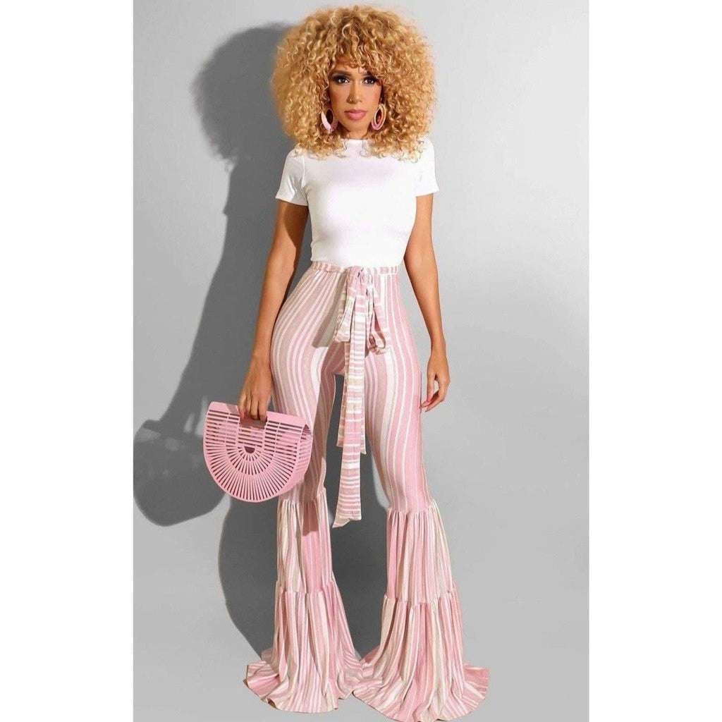 striped pink flare pants high waist