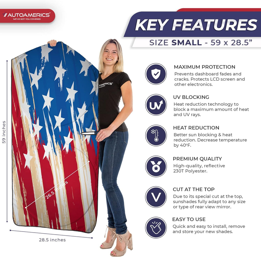 Autoamerics 1-Piece Windshield Sun Shade USA Art Flag - 1 American  - Foldable Car Front Window Sunshade for Most Sedans SUV Truck - Blocks Max UV Rays and Keeps Your Vehicle Cool - Small