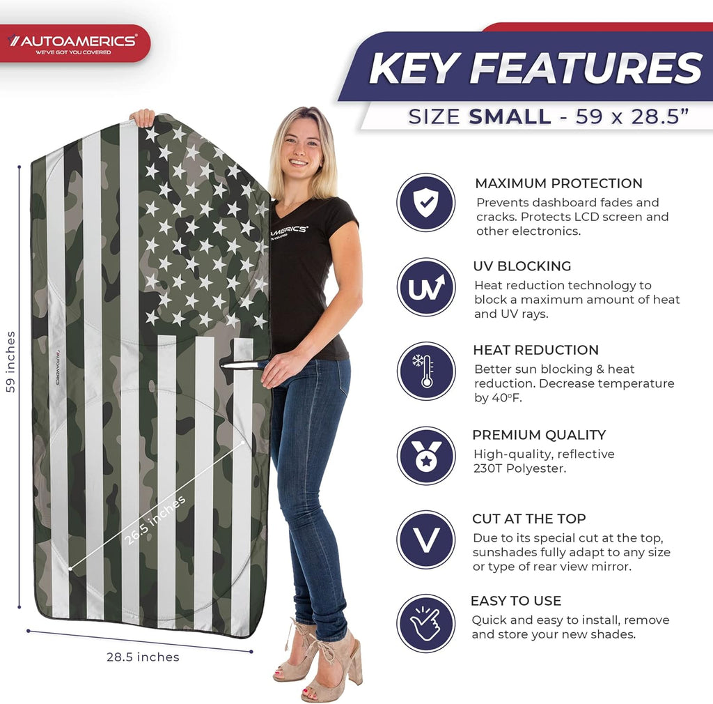 Autoamerics 1-Piece Windshield Sun Shade Green Camo American Flag USA  - Foldable Car Front Window Sunshade for Most Sedans SUV Truck - Blocks Max UV Rays and Keeps Your Vehicle Cool - Small