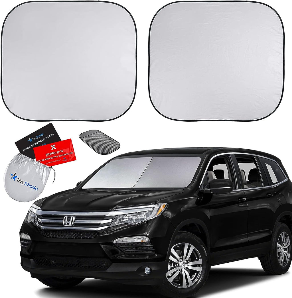 EzyShade Windshield Sun Shade with Shield-X Reflective Technology. See Vehicle Size-Chart. Foldable Car Sunshade for Front Windshield Window Car SUV Van Truck. Sun Visor Heat Shield. Max (L) Size