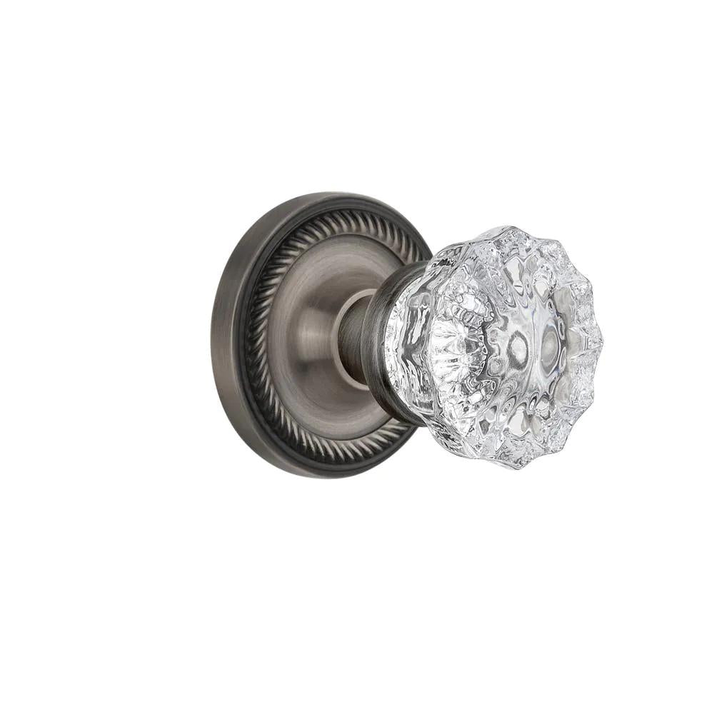 Rope Rosette Interior Mortise Crystal Glass Door Knob in Antique Pewter