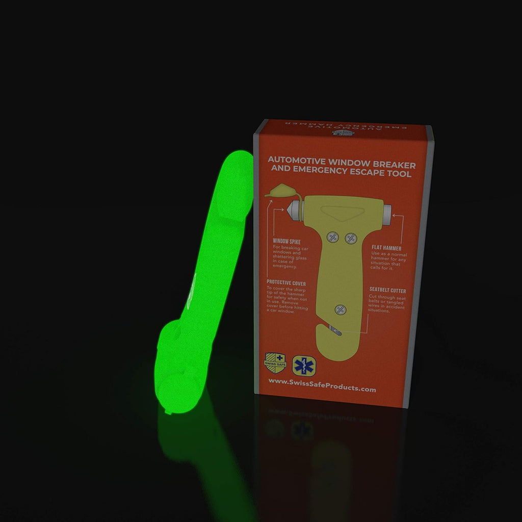 Swiss Safe 5-in-1 Car Safety Hammer, Emergency Escape Tool with Car Window Breaker and Seatbelt Cutter, Glow in The Dark