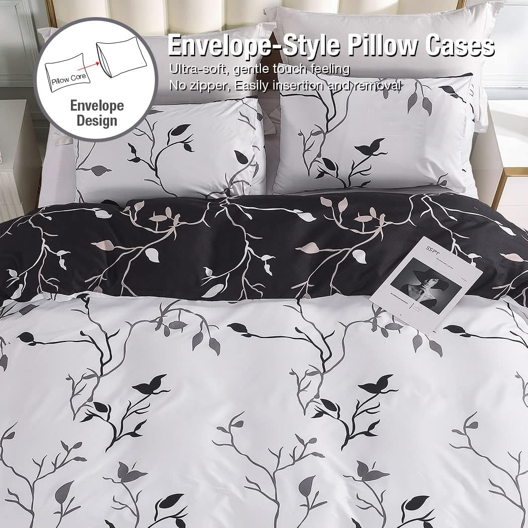 Lekesky Reversible Duvet Cover King Size, White Black Tree Branch Pattern Comforter Cover King 3pc Super Soft Microfiber Breathable Botanical Bedding Sets with Zipper Ties