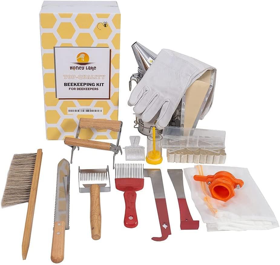 Honey Lake 8-Frame Bee Hives and Supplies Starter Kit, Beeswax Coated Beehive Starter Kit Including Beekeeping Supplies Tools Set with Bee Hat Veil