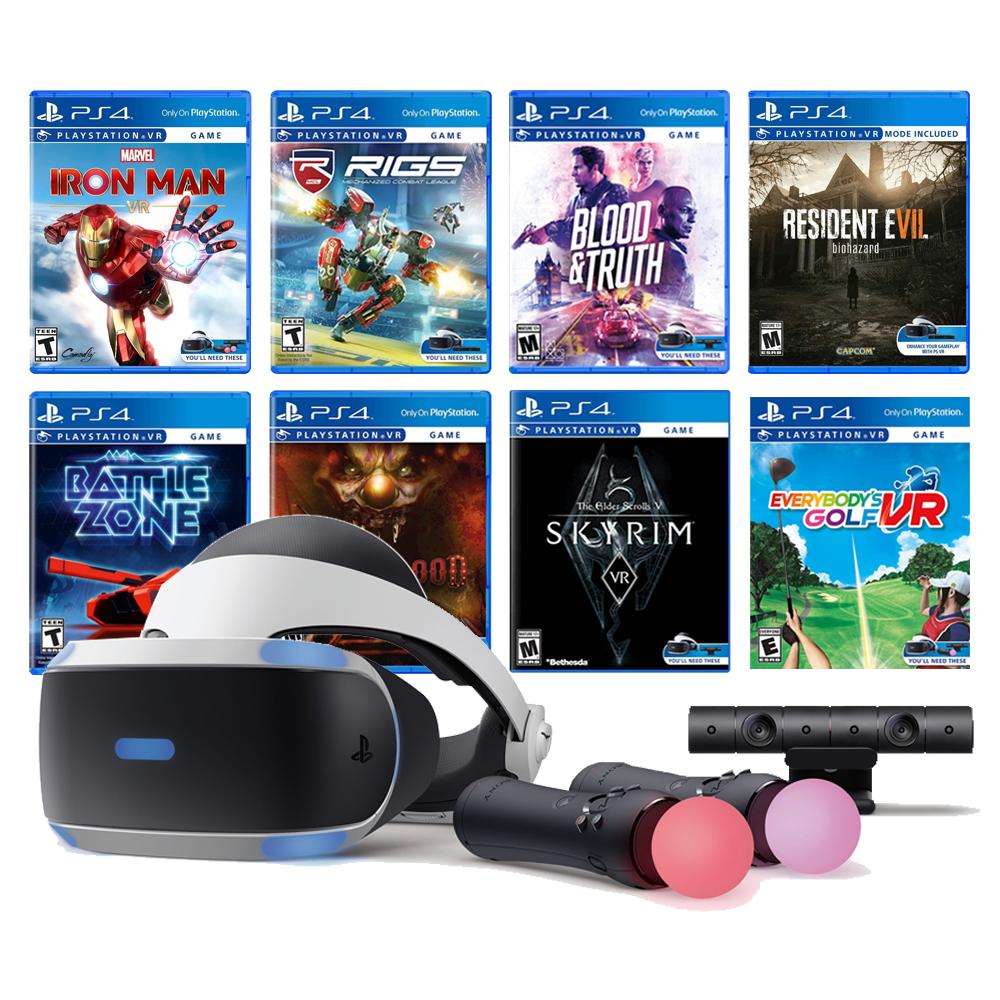 Play Station VR 11-In-1 Deluxe Bundle PS4 &amp; PS5 Compatible: VR Headset, Camera, Move Motion Controllers, Iron Man, Skyrim, Resident Evil 7, Battlezone, RIGS, Until Dawn, Blood &amp; Truth, Golf