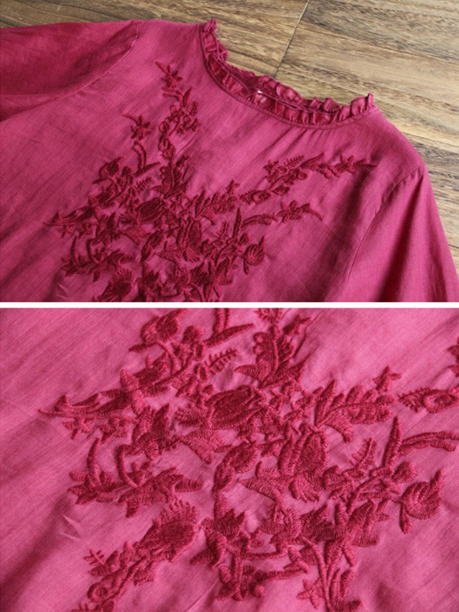Ladies Round Neck Cotton Embroidered Casual Short-sleeved Blouse