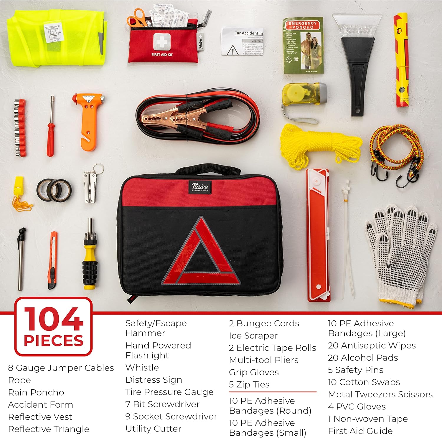Thrive Roadside Emergency Car Kit - Car Safety Accessories and Tool Kit with Jumper Cables and Mini First Aid Kit - Car Emergency Kit for Women and Men (Square Bag)