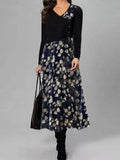 Fashion Flower Print V-neck Long Sleeve Casual Maxi Dress