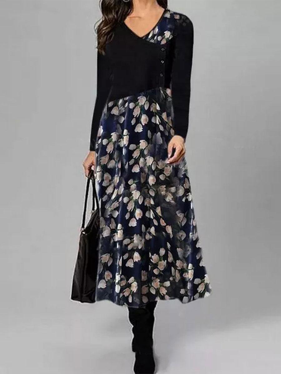 Fashion Flower Print V-neck Long Sleeve Casual Maxi Dress