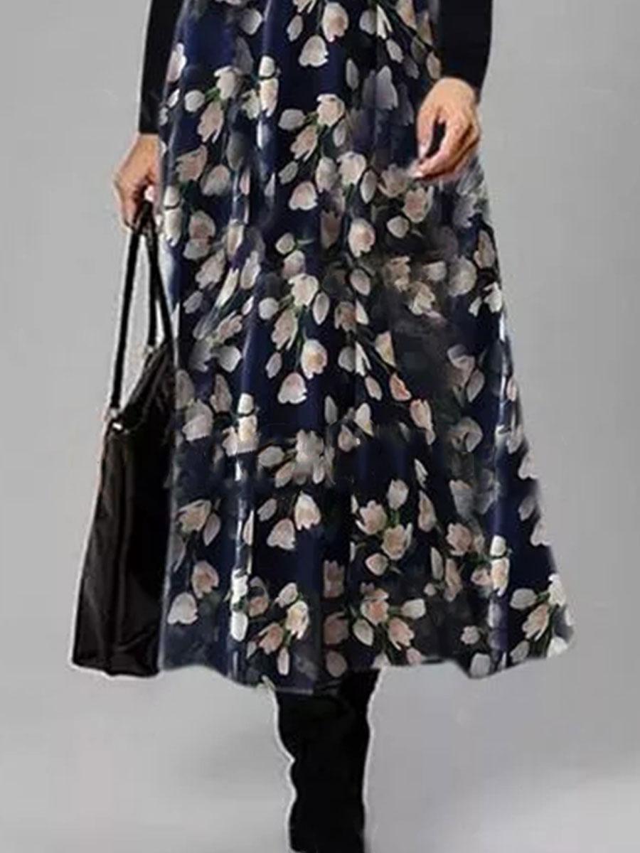 Fashion Flower Print V-neck Long Sleeve Casual Maxi Dress