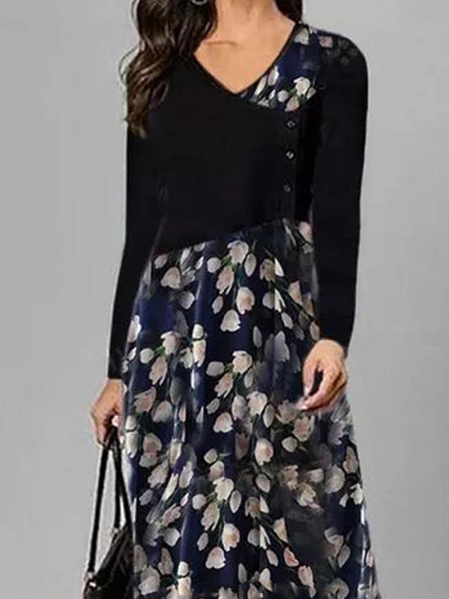Fashion Flower Print V-neck Long Sleeve Casual Maxi Dress