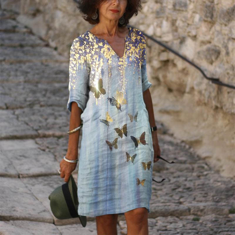 Casual V-neck Sleeve Fashion Butterfly Print Dress