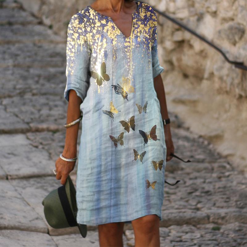 Casual V-neck Sleeve Fashion Butterfly Print Dress