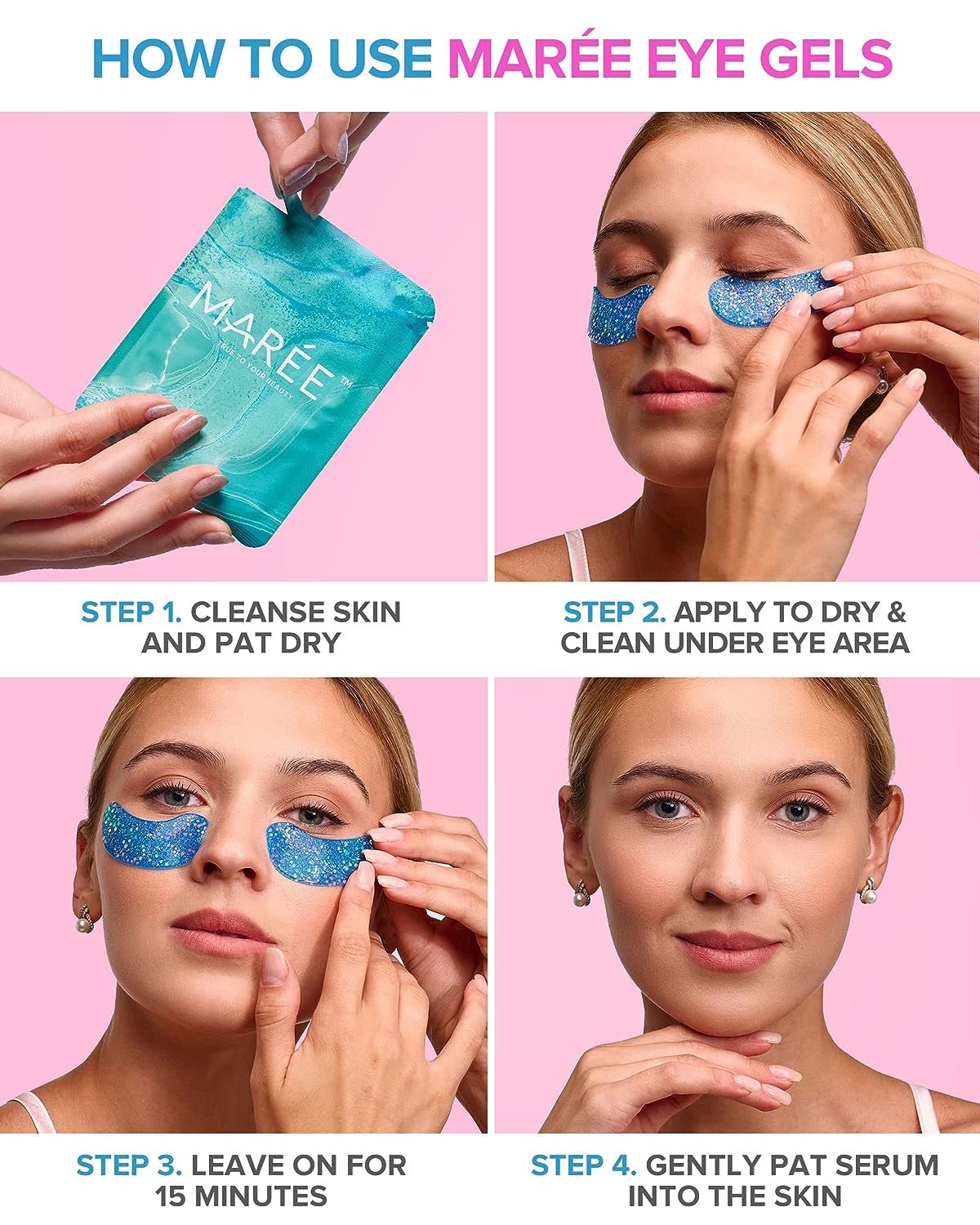 Maree Eye Gel Pads - Reduce Wrinkles, Puffy Eyes, Dark Circles, Eye Bags - Natural Marine Collagen Eye Gels with Hyaluronic HA - Anti Aging Eye Mask Patches &amp; Face Moisturizer
